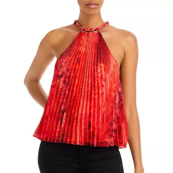 Alice + Olivia Tops - Alice + Olivia 'Alycia' Chain-Neck Pleated Halter Top, Bright Coral